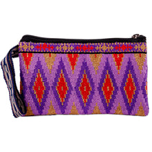Load image into Gallery viewer, Diamond-Patterned Purple and Red Silk Cosmetic Bag - Glamorous Jewels | NOVICA