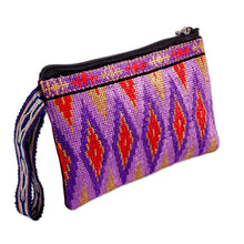 Load image into Gallery viewer, Diamond-Patterned Purple and Red Silk Cosmetic Bag - Glamorous Jewels | NOVICA