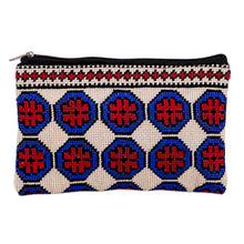 Load image into Gallery viewer, Embroidered Floral Patterned Blue and Red Cosmetic Bag - Pretty Flowers | NOVICA
