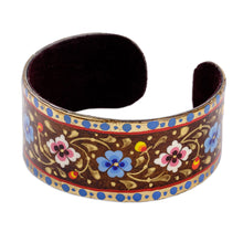 Load image into Gallery viewer, Floral Adjustable Golden, Blue and Brown Tin Cuff Bracelet - Goddess of Mountains | NOVICA