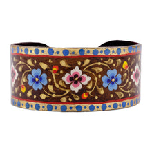 Load image into Gallery viewer, Floral Adjustable Golden, Blue and Brown Tin Cuff Bracelet - Goddess of Mountains | NOVICA