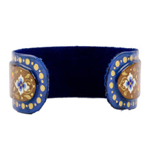 Load image into Gallery viewer, Painted Floral Adjustable Blue and Golden Tin Cuff Bracelet - Goddess of Palaces | NOVICA