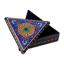 Load image into Gallery viewer, Painted Blue Triangular Jewelry Box with Round Floral Detail - Triangular Magic | NOVICA