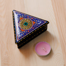Load image into Gallery viewer, Painted Blue Triangular Jewelry Box with Round Floral Detail - Triangular Magic | NOVICA