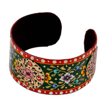 Load image into Gallery viewer, Painted Floral Red and Green Lacquered Tin Cuff Bracelet - Uzbekistan Deity | NOVICA