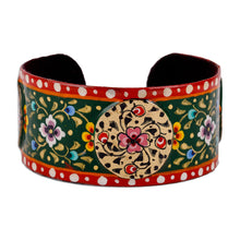 Load image into Gallery viewer, Painted Floral Red and Green Lacquered Tin Cuff Bracelet - Uzbekistan Deity | NOVICA