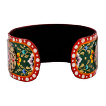 Load image into Gallery viewer, Painted Floral Red and Green Lacquered Tin Cuff Bracelet - Uzbekistan Deity | NOVICA