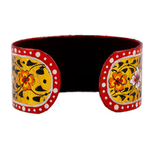 Load image into Gallery viewer, Painted Floral Adjustable Red and Yellow Tin Cuff Bracelet - Goddess of Joy | NOVICA