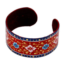 Load image into Gallery viewer, Painted Floral Adjustable Blue and Red Tin Cuff Bracelet - Goddess of Passion | NOVICA