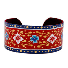Load image into Gallery viewer, Painted Floral Adjustable Blue and Red Tin Cuff Bracelet - Goddess of Passion | NOVICA