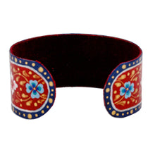 Load image into Gallery viewer, Painted Floral Adjustable Blue and Red Tin Cuff Bracelet - Goddess of Passion | NOVICA