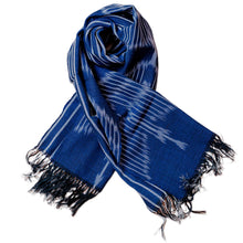 Load image into Gallery viewer, Hand-Woven Fringed Cotton Ikat Scarf in Blue with Stripes - Electric Blue | NOVICA