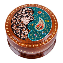 Load image into Gallery viewer, Round Walnut Wood Jewelry Box with Paisley and Floral Motifs - Teal Paisley Glory | NOVICA