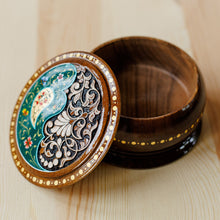 Load image into Gallery viewer, Round Walnut Wood Jewelry Box with Paisley and Floral Motifs - Teal Paisley Glory | NOVICA