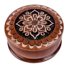 Load image into Gallery viewer, Round Wood Mini Jewelry Box with Hand-Carved Floral Motif - Majestic Flower | NOVICA