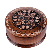 Load image into Gallery viewer, Round Wood Mini Jewelry Box with Hand-Carved Cross Motif - Majestic Cross | NOVICA