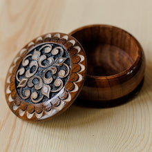 Load image into Gallery viewer, Round Wood Mini Jewelry Box with Hand-Carved Cross Motif - Majestic Cross | NOVICA