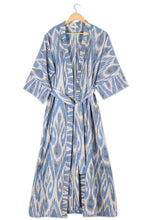 Load image into Gallery viewer, Handwoven Ikat Cotton Robe in Blue White and Grey Hues - Samarkand Days | NOVICA