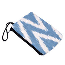 Load image into Gallery viewer, Blue and White Ikat Patterned Cotton Zippered Cosmetic Bag - Ikat Serenity | NOVICA