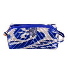 Load image into Gallery viewer, Blue and White Ikat Cosmetic Bag with Handle & Brass Zipper - Magical Blue | NOVICA