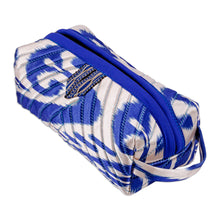Load image into Gallery viewer, Blue and White Ikat Cosmetic Bag with Handle & Brass Zipper - Magical Blue | NOVICA