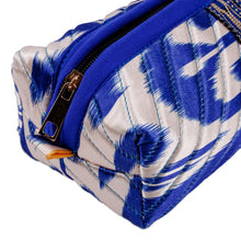 Load image into Gallery viewer, Blue and White Ikat Cosmetic Bag with Handle & Brass Zipper - Magical Blue | NOVICA
