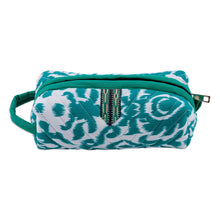 Load image into Gallery viewer, Handmade Green & White Ikat Cotton Cosmetic Bag with Handle - Gorgeous Green | NOVICA