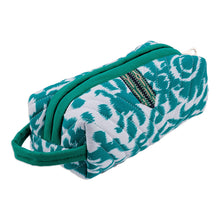 Load image into Gallery viewer, Handmade Green & White Ikat Cotton Cosmetic Bag with Handle - Gorgeous Green | NOVICA