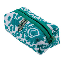 Load image into Gallery viewer, Handmade Green & White Ikat Cotton Cosmetic Bag with Handle - Gorgeous Green | NOVICA