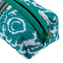 Load image into Gallery viewer, Handmade Green & White Ikat Cotton Cosmetic Bag with Handle - Gorgeous Green | NOVICA