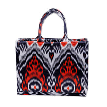 Load image into Gallery viewer, Handcrafted Tote Bag with Ikat Motifs in Black Red and White - Splendorous Vibrancy | NOVICA