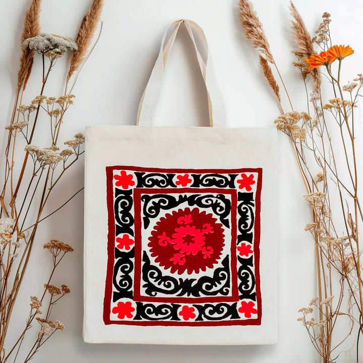 Floral Red and Black Cotton Tote Bag Handmade in Uzbekistan - Tashkent's Crimson Garden | NOVICA