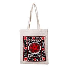 Load image into Gallery viewer, Floral Red and Black Cotton Tote Bag Handmade in Uzbekistan - Tashkent's Crimson Garden | NOVICA