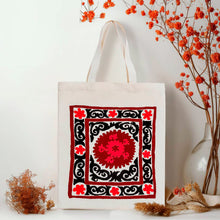 Load image into Gallery viewer, Floral Red and Black Cotton Tote Bag Handmade in Uzbekistan - Tashkent's Crimson Garden | NOVICA