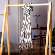 Load image into Gallery viewer, Peacock-Patterned Black and White Fringed Cotton Ikat Scarf - Black Plumage | NOVICA