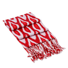 Load image into Gallery viewer, Peacock-Patterned Red and White Fringed Cotton Ikat Scarf - Cherry Plumage | NOVICA
