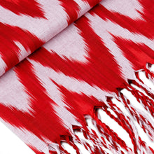 Load image into Gallery viewer, Peacock-Patterned Red and White Fringed Cotton Ikat Scarf - Cherry Plumage | NOVICA