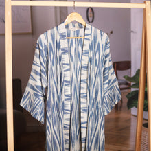 Load image into Gallery viewer, Handwoven 100% Cotton Robe with Blue and White Ikat Patterns - Samarkand Splendor | NOVICA