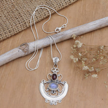 Load image into Gallery viewer, Indonesian Sterling Silver and Rainbow Moonstone Necklace - Arabesque | NOVICA