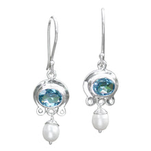 Load image into Gallery viewer, Blue Topaz and Pearl Silver Dangle Earrings - Sky Fantasy | NOVICA