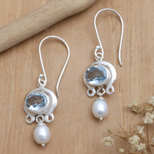 Load image into Gallery viewer, Blue Topaz and Pearl Silver Dangle Earrings - Sky Fantasy | NOVICA