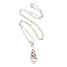 Load image into Gallery viewer, Sterling Silver and White Cultured Pearl Pendant Necklace - White Arabesque Dewdrop | NOVICA
