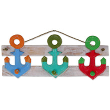 Load image into Gallery viewer, Artisan Crafted Nautical Theme Wooden Coat Rack from Bali - Three Anchors | NOVICA