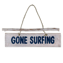 Load image into Gallery viewer, Hand Carved Wood Nautical Sign with Grass Cord Indonesia - Gone Surfing | NOVICA