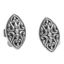 Load image into Gallery viewer, Sterling Silver Oval Button Earrings from Indonesia - Floral Shield | NOVICA