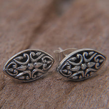 Load image into Gallery viewer, Sterling Silver Oval Button Earrings from Indonesia - Floral Shield | NOVICA