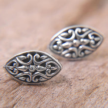 Load image into Gallery viewer, Sterling Silver Oval Button Earrings from Indonesia - Floral Shield | NOVICA