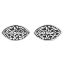 Load image into Gallery viewer, Sterling Silver Oval Button Earrings from Indonesia - Floral Shield | NOVICA