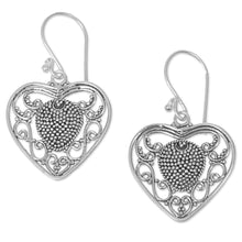 Load image into Gallery viewer, Sterling Silver Heart Dangle Earrings from Indonesia - Heart-Shaped Offering | NOVICA