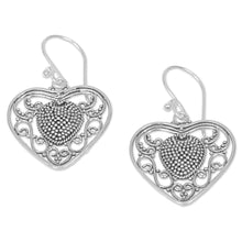 Load image into Gallery viewer, Sterling Silver Heart Dangle Earrings from Indonesia - Heart-Shaped Offering | NOVICA